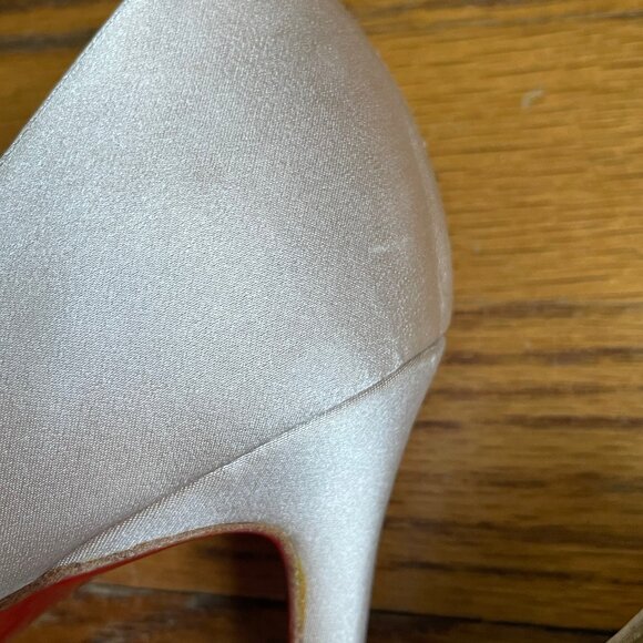 Louboutin Beige Satin Peep-Toe Pumps with Crystal Accents, Size 40 EU - Picture 14 of 16